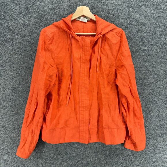 harvé benard Tops - Harve Benard Jacket Women 12 Orange Full Zip Hooded Long Sleeve Linen Pockets
